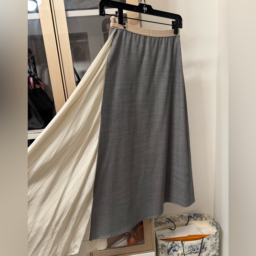 Authentic Prada Beige & Gray Asymmetric Pleated Panel Skirt IT 38 (US 2-4)